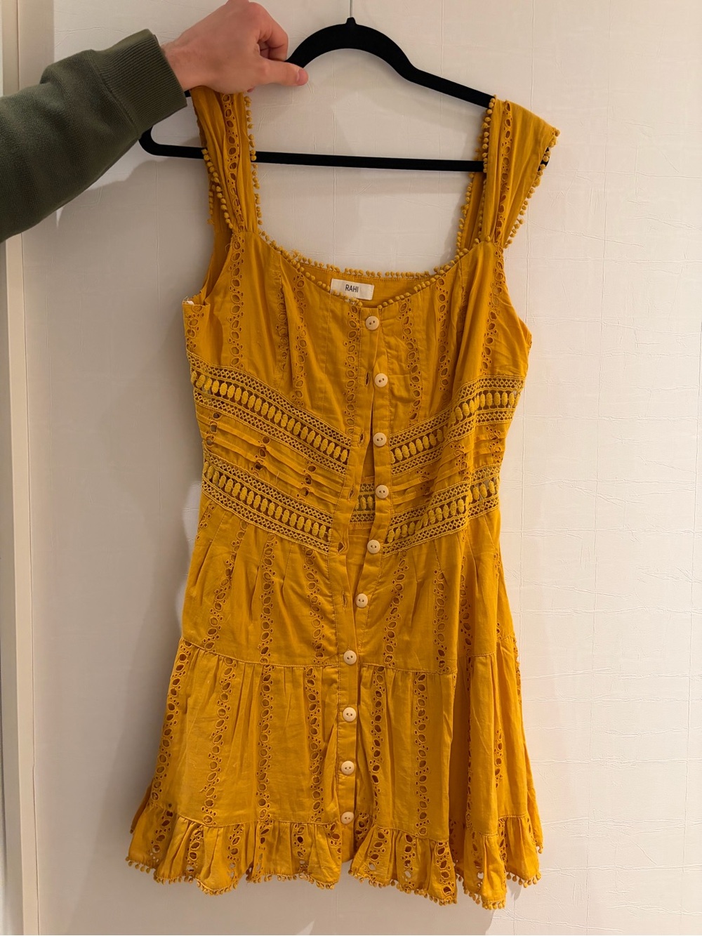 Yellow Eyelet Button-Front Mini Dress with Ruffle Hem - Picture 1 of 2